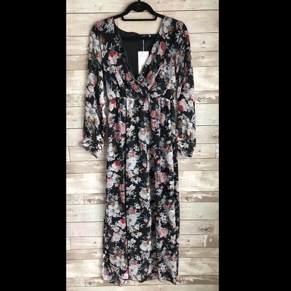Long sleeve black floral maxi dress